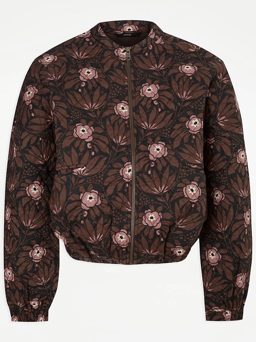 Brown Floral Quilted Cuffed Cropped Jacket