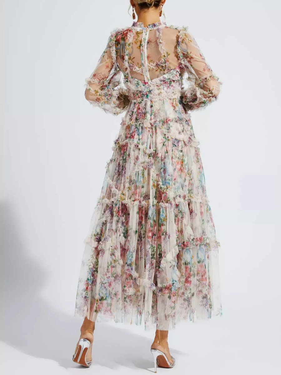 Apricot Floral Long Sleeve Maxi Dress