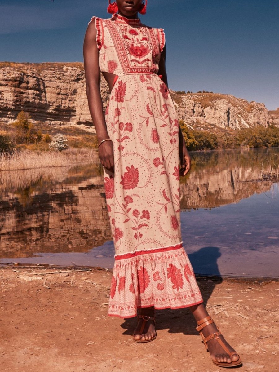 Red Flowers Embroidered Maxi Dress