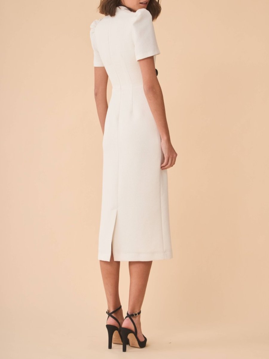 White Tweed Short Puffed Sleeves Midi Dress