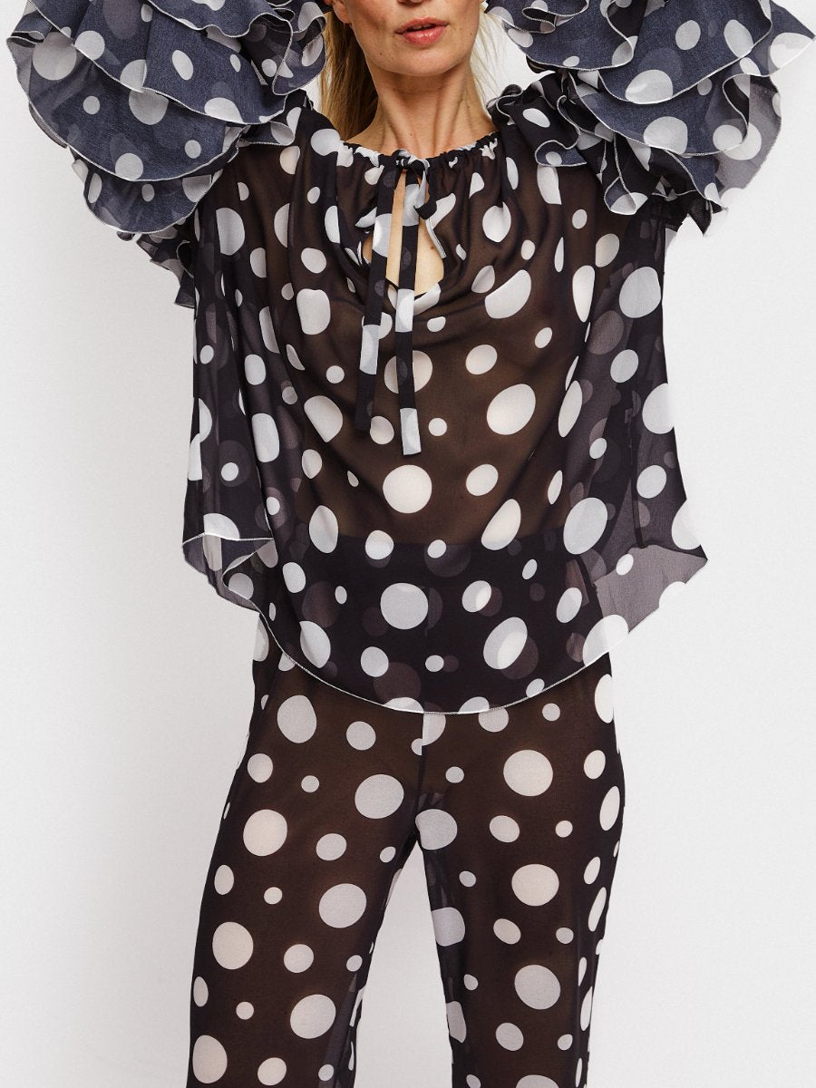 Ruffled Chiffon Polka-Dot Shirt With Pants