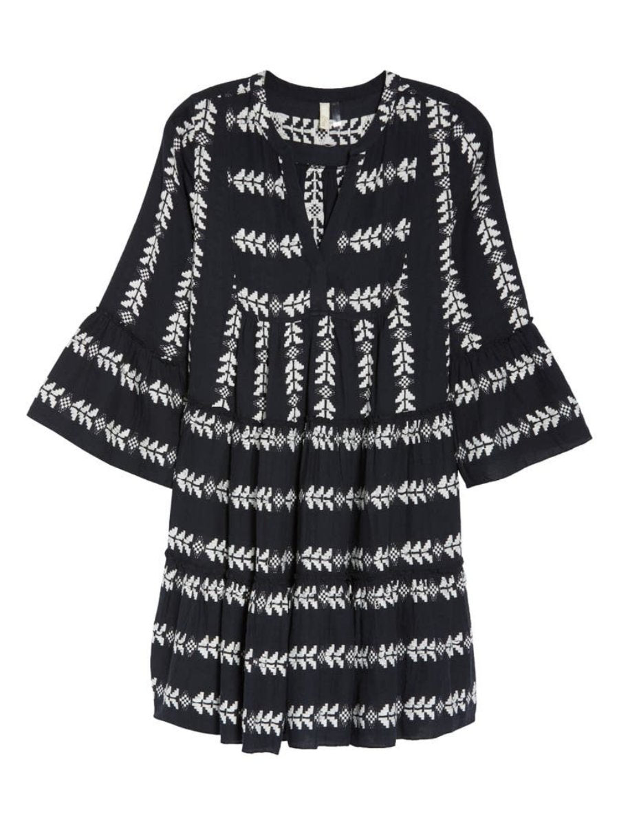 Geometric Print Split Neck Flared Sleeve Mini Dress