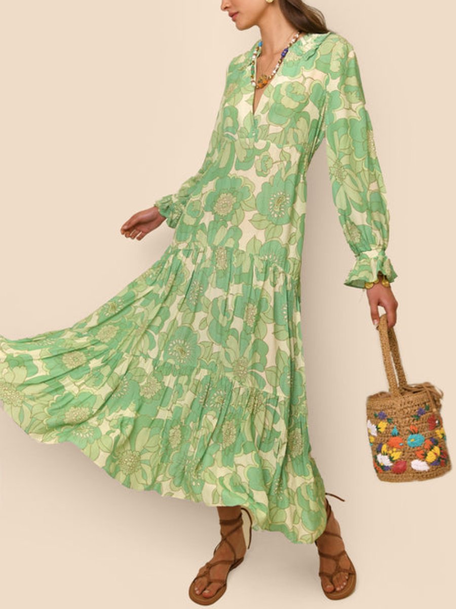 Floral Tiered  Green Midi Dress