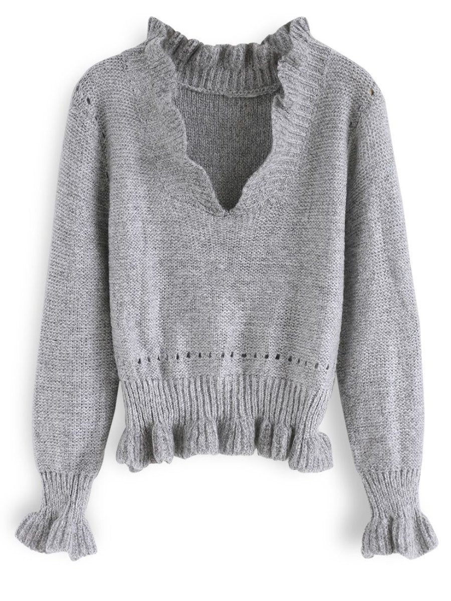 Knit A Chance V-Neck Frilling Sweater In Grey