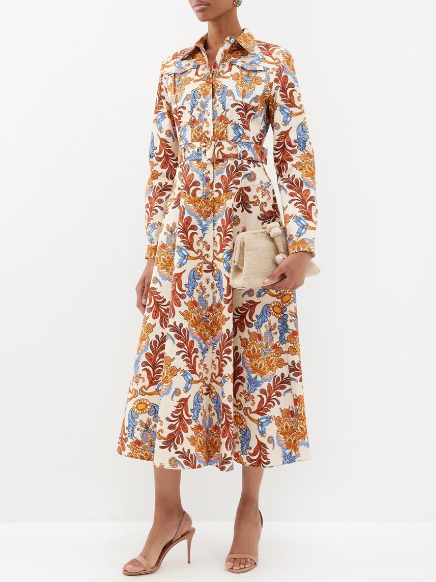 Kaleidoscopic Printed Twill Shirt Cream Midi Dress