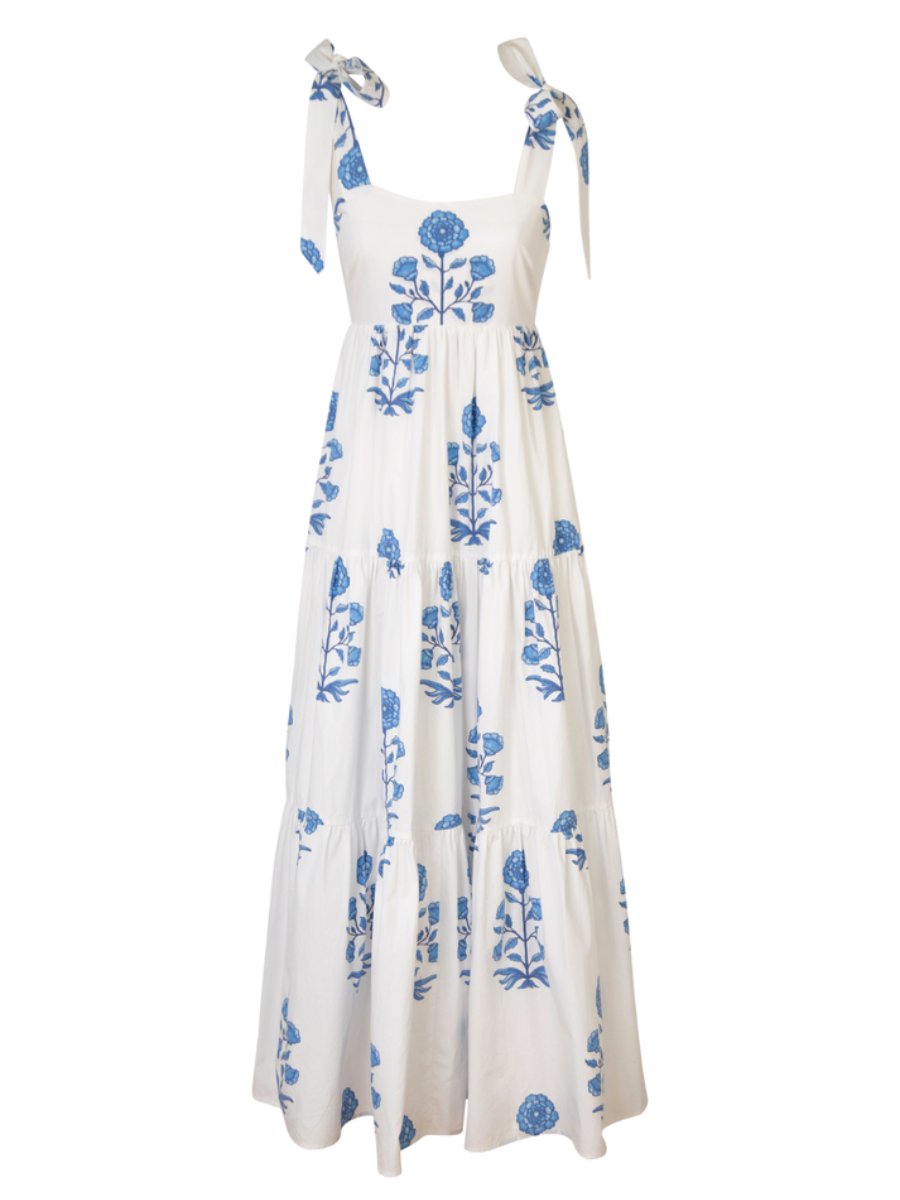 Blue Floral Print Cotton Maxi Dress