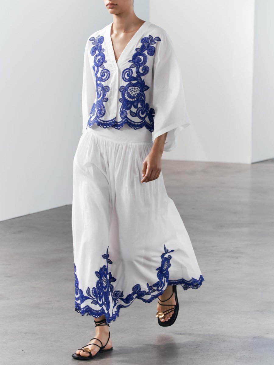 Contrast Embroidered Blouse With Skirt