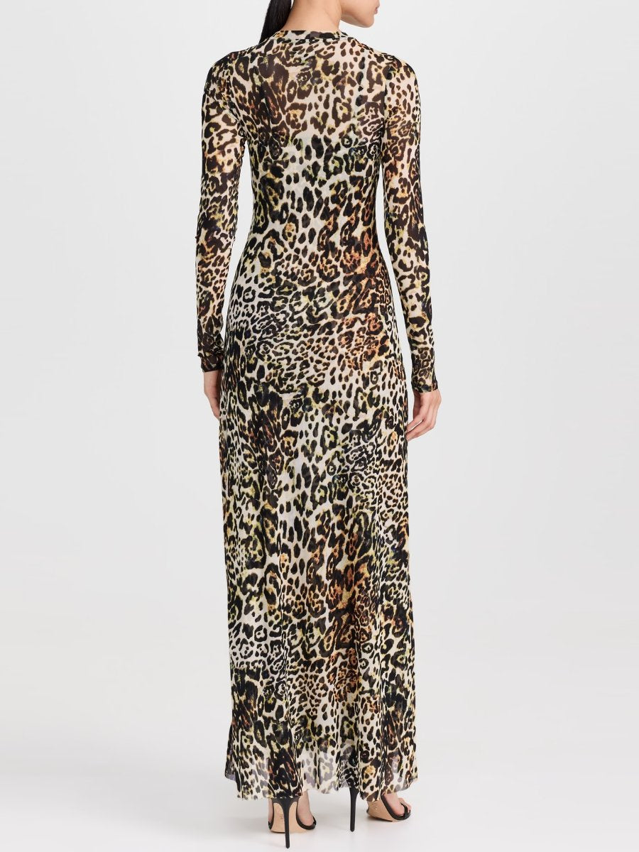 Crew Neck Long Sleeve Leopard Print Maxi Dress