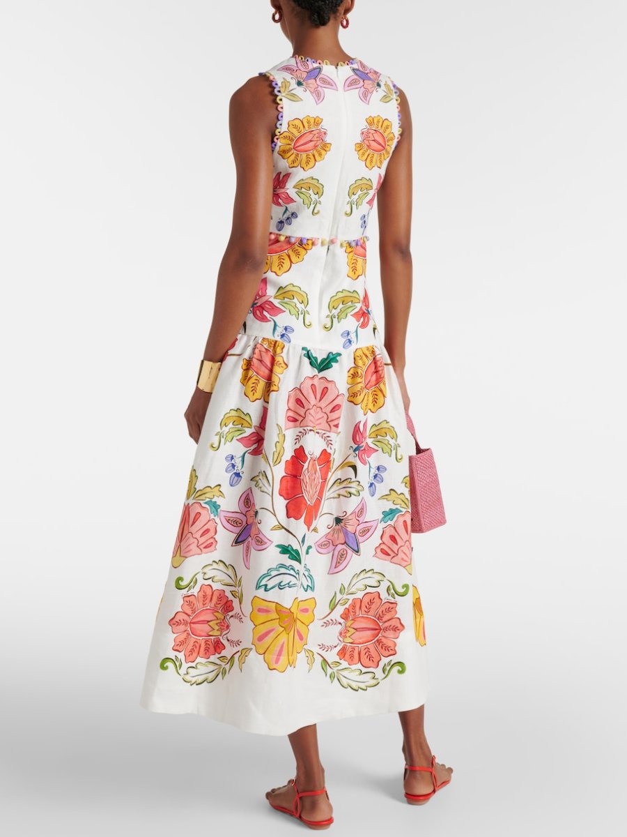 Floral Insects Linen Midi Dress