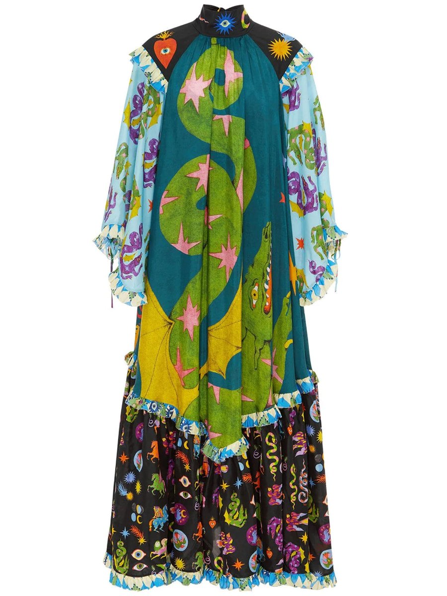 Patchwork Flared Sleeve Maxi Dress