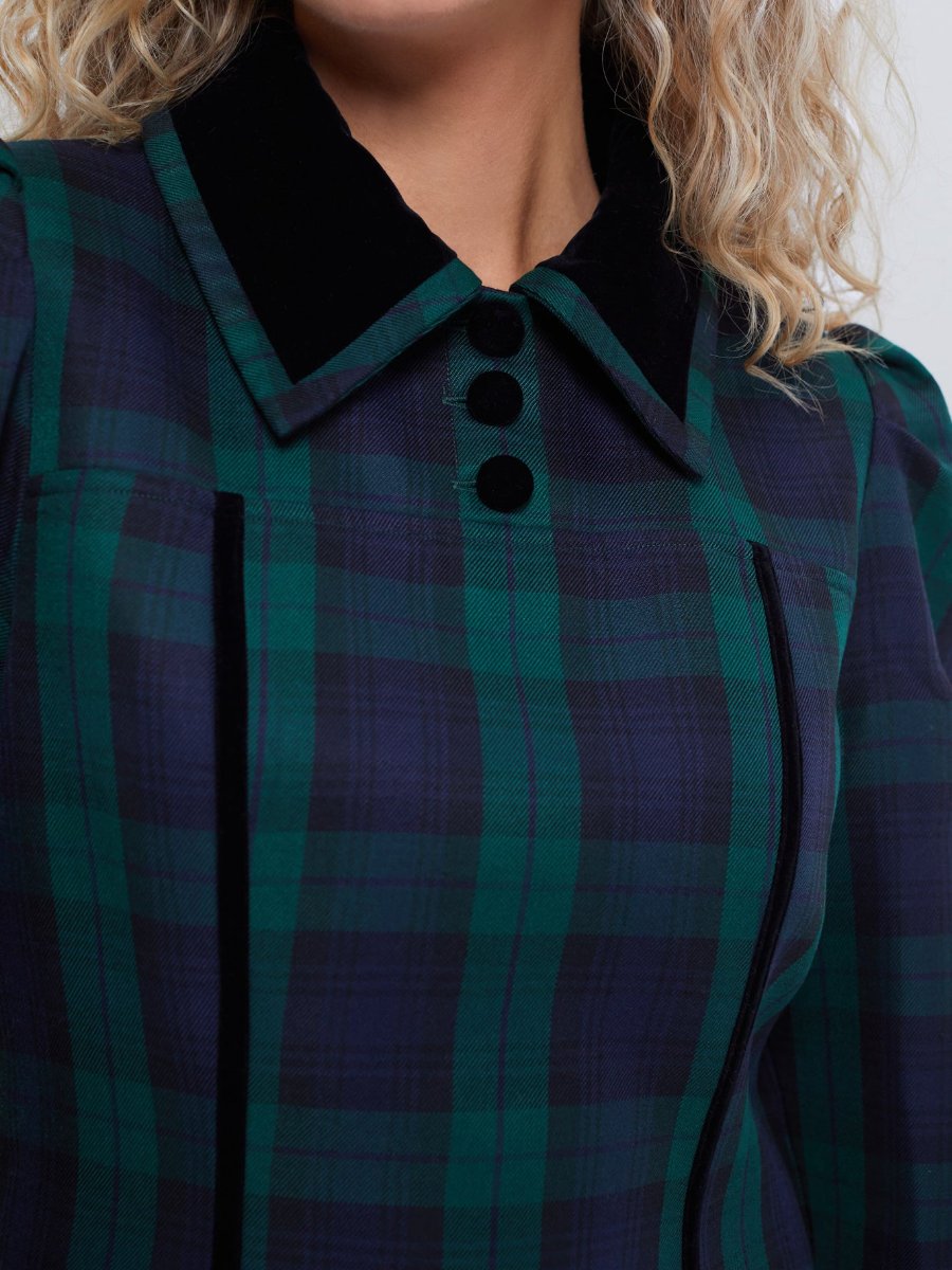 Puff Sleeve Plaid Shirt Mini Dress