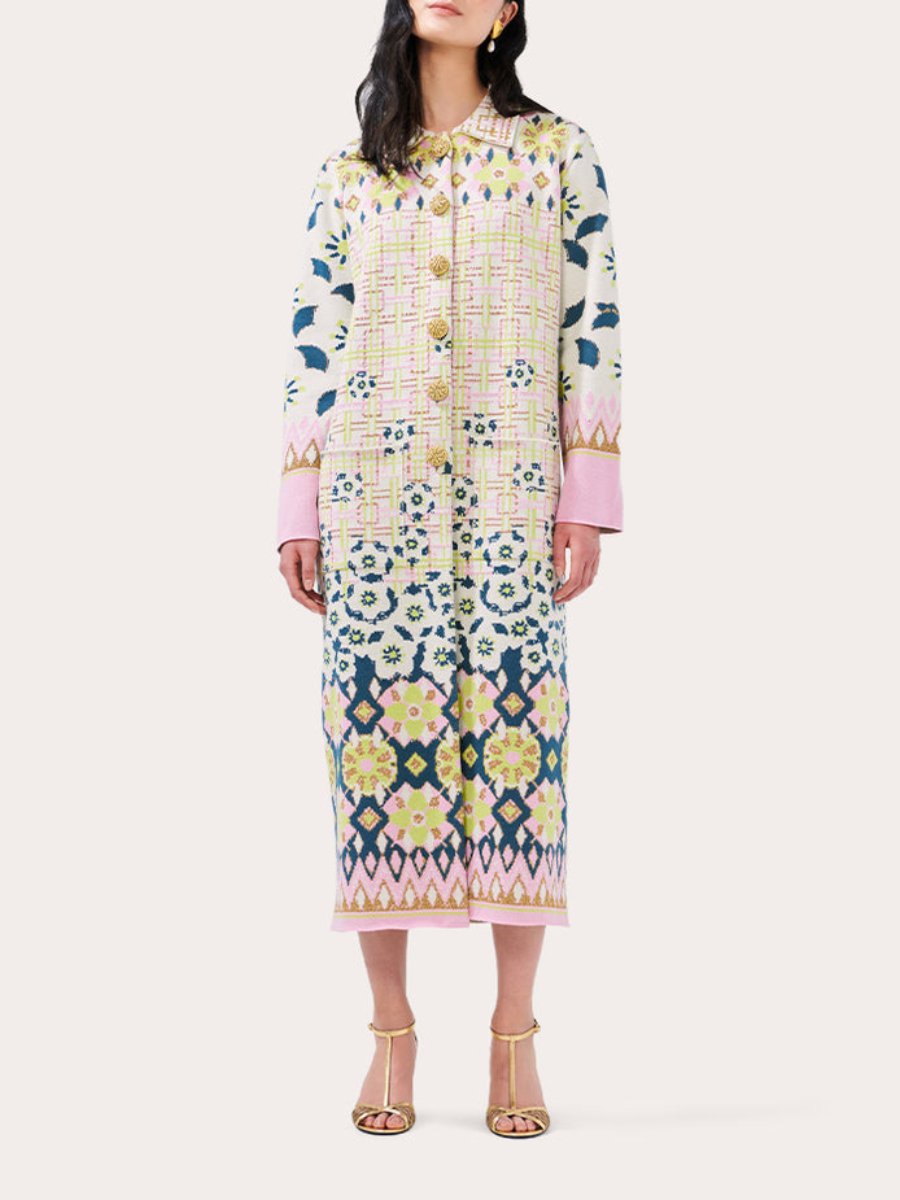 Lattice Blossom Ecru Cotton Jacquard Coat