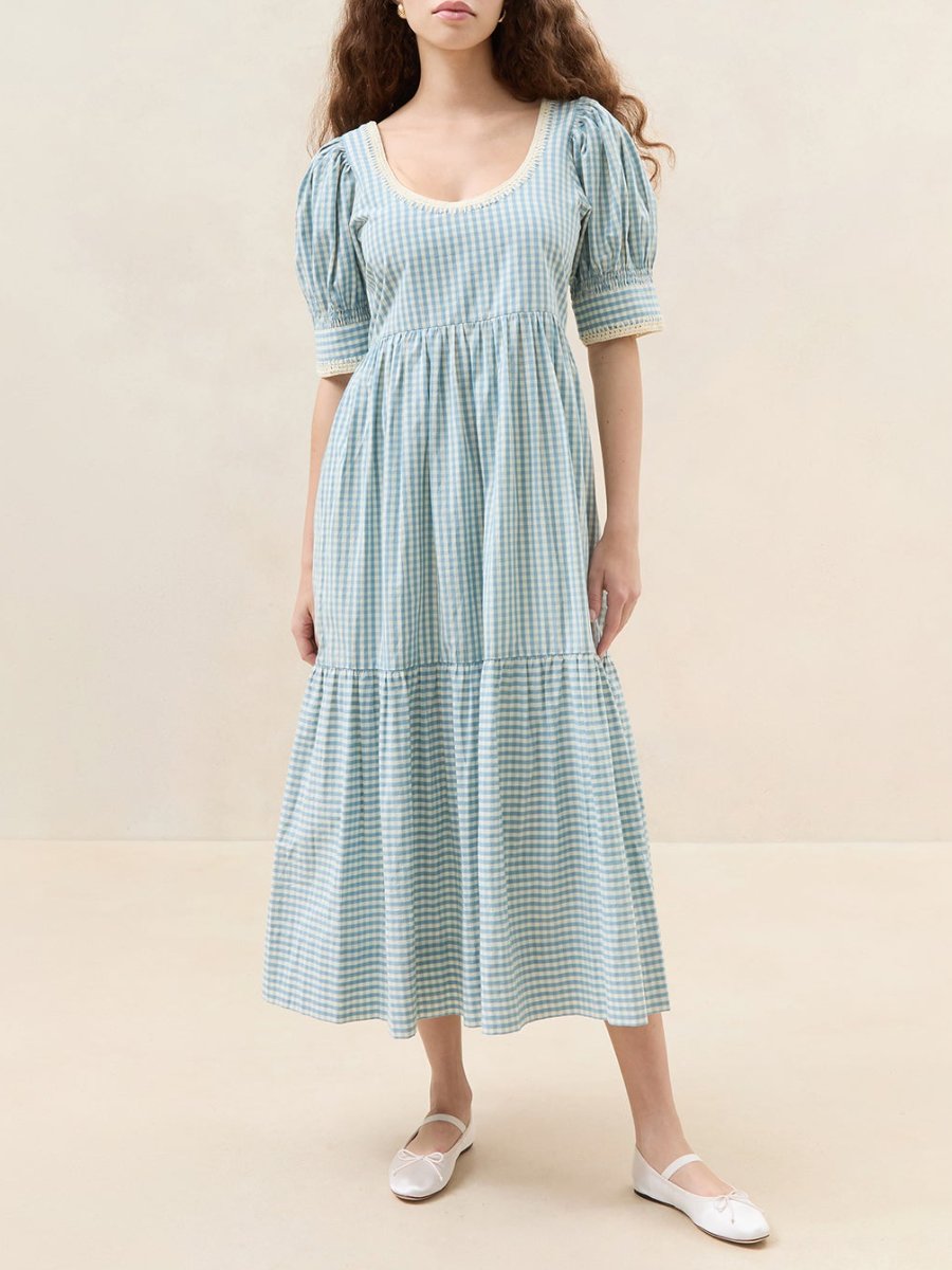 Blue Gingham Puff-Sleeve Midi Dress