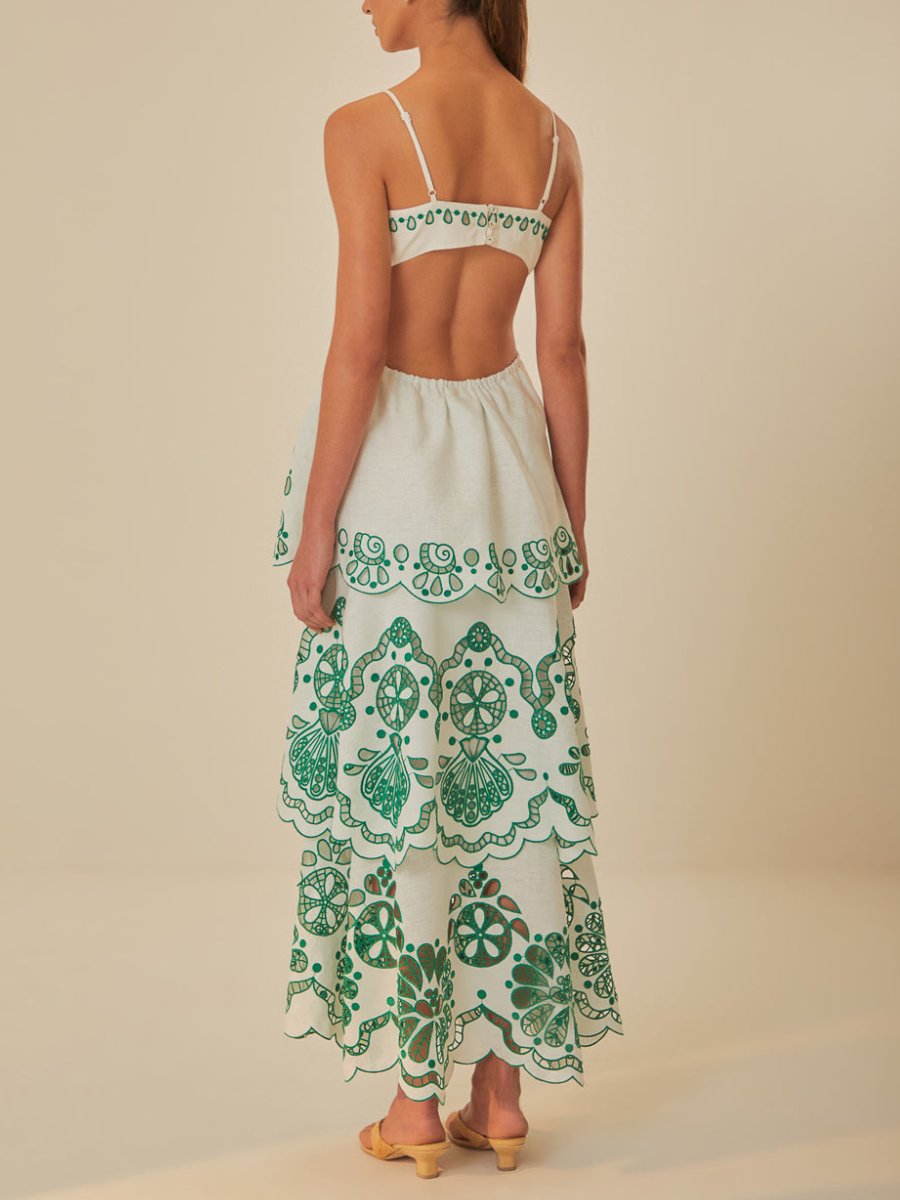 Green Flower Embroidery Midi Dress