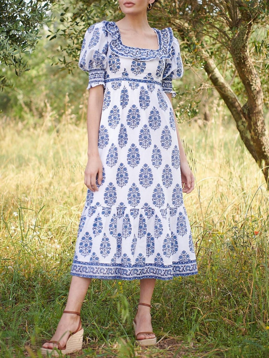 Hand-Printed Balloon Sleeves Midi Dress