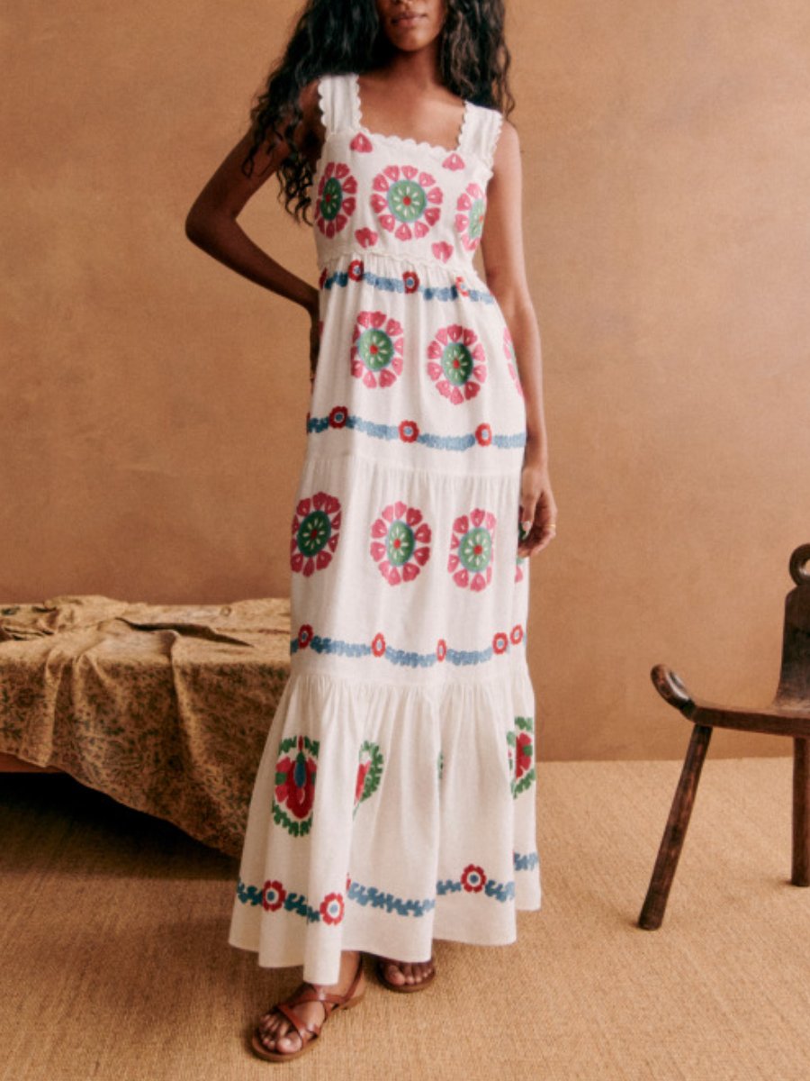 Printed Embroidered Square Collar Maxi Dress