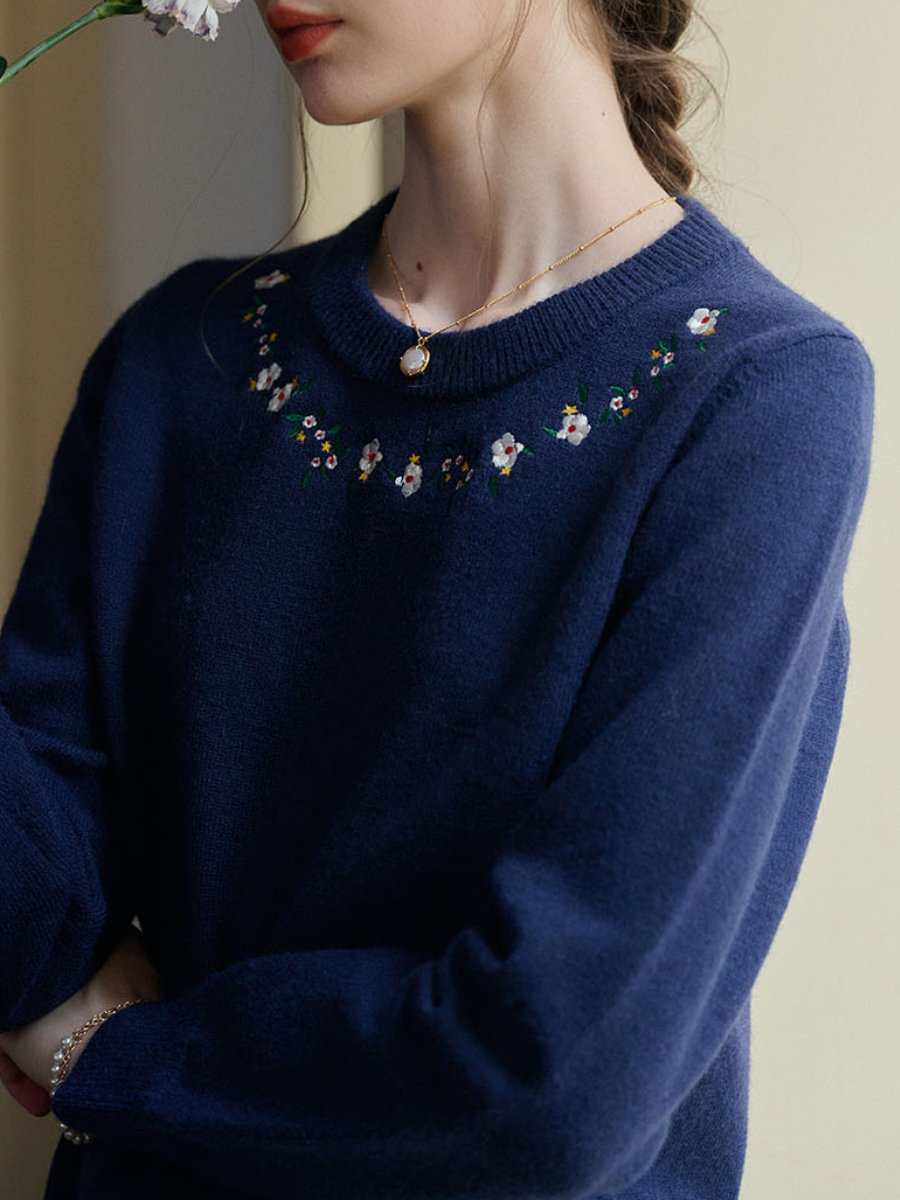 Floral Embroidery Blue Knit Sweater