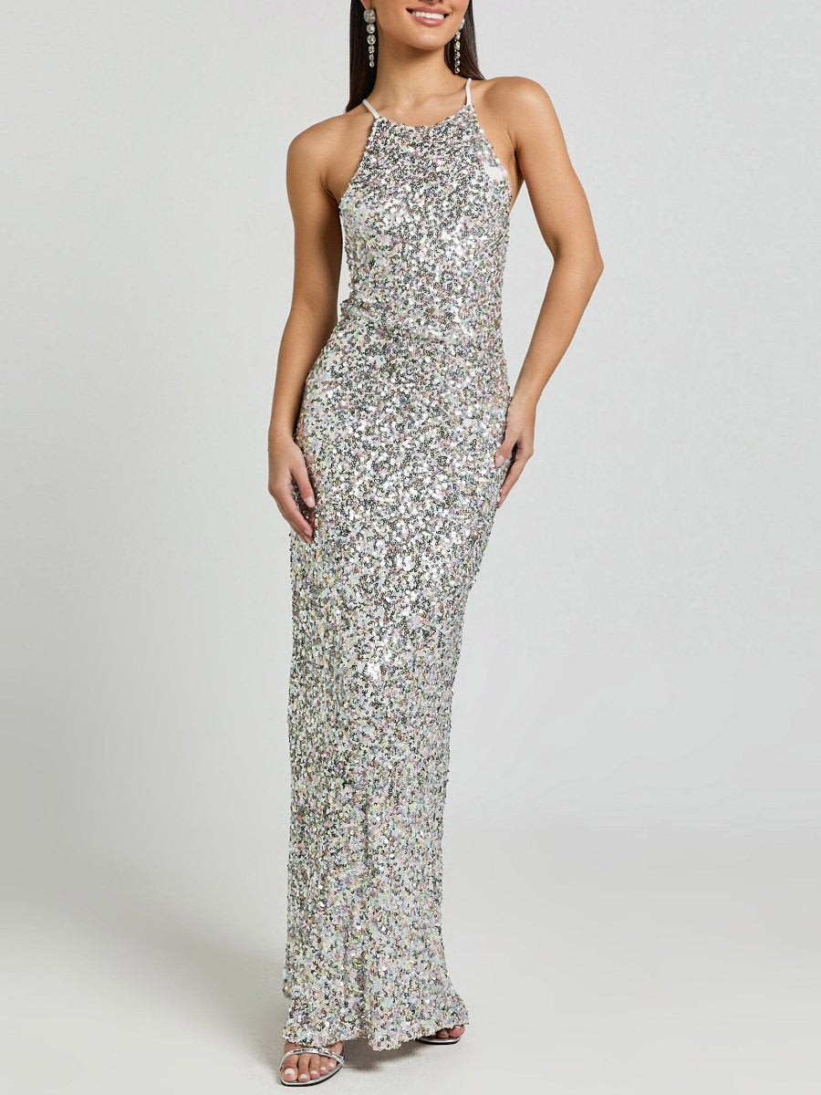 Halter Neck Cross Back Sequin Maxi Dress