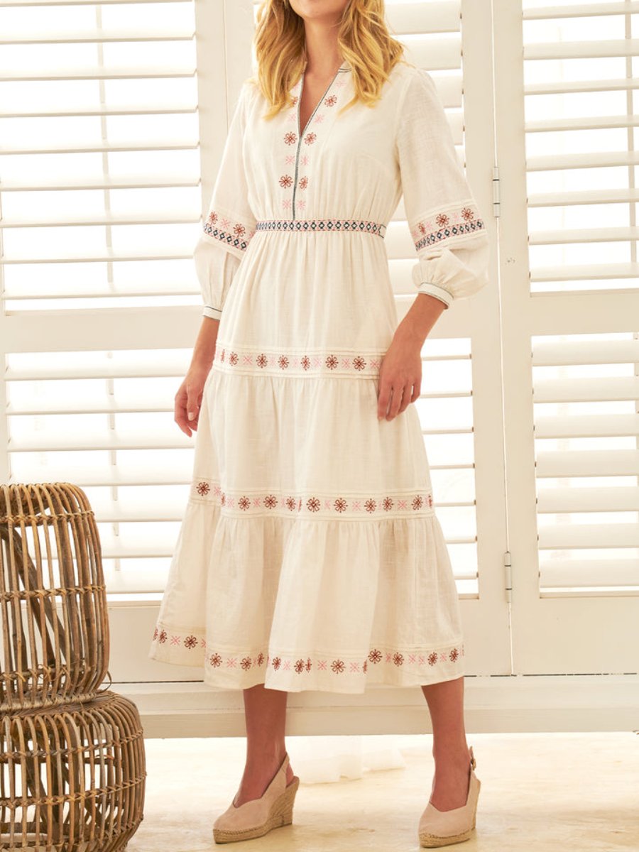 Elegance Embroidered Cotton White Maxi Dress