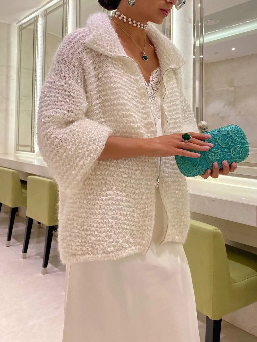 Sequin Knit White Cardigan