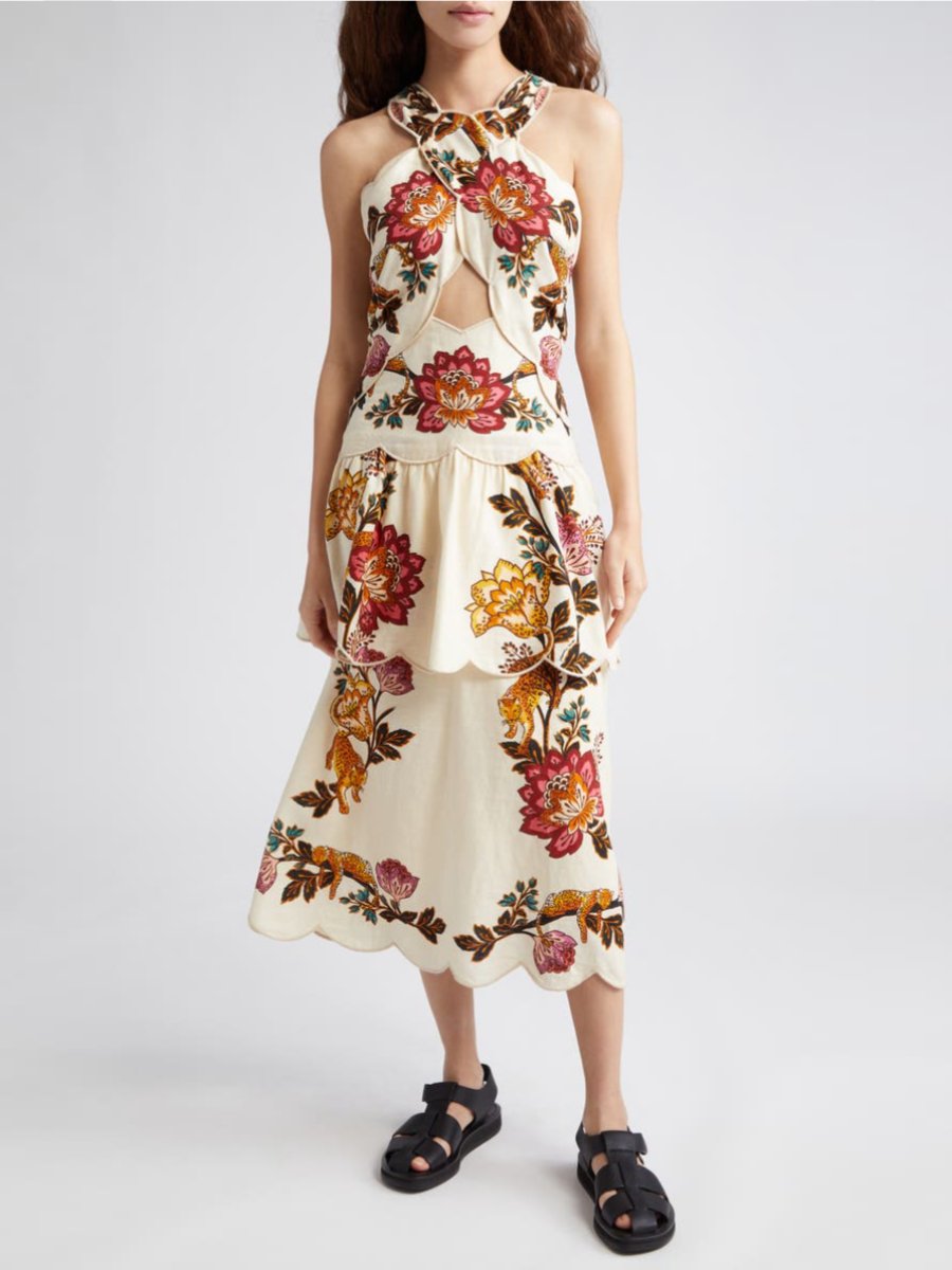 Linen Blend Cut-Out Flowers Midi Dress