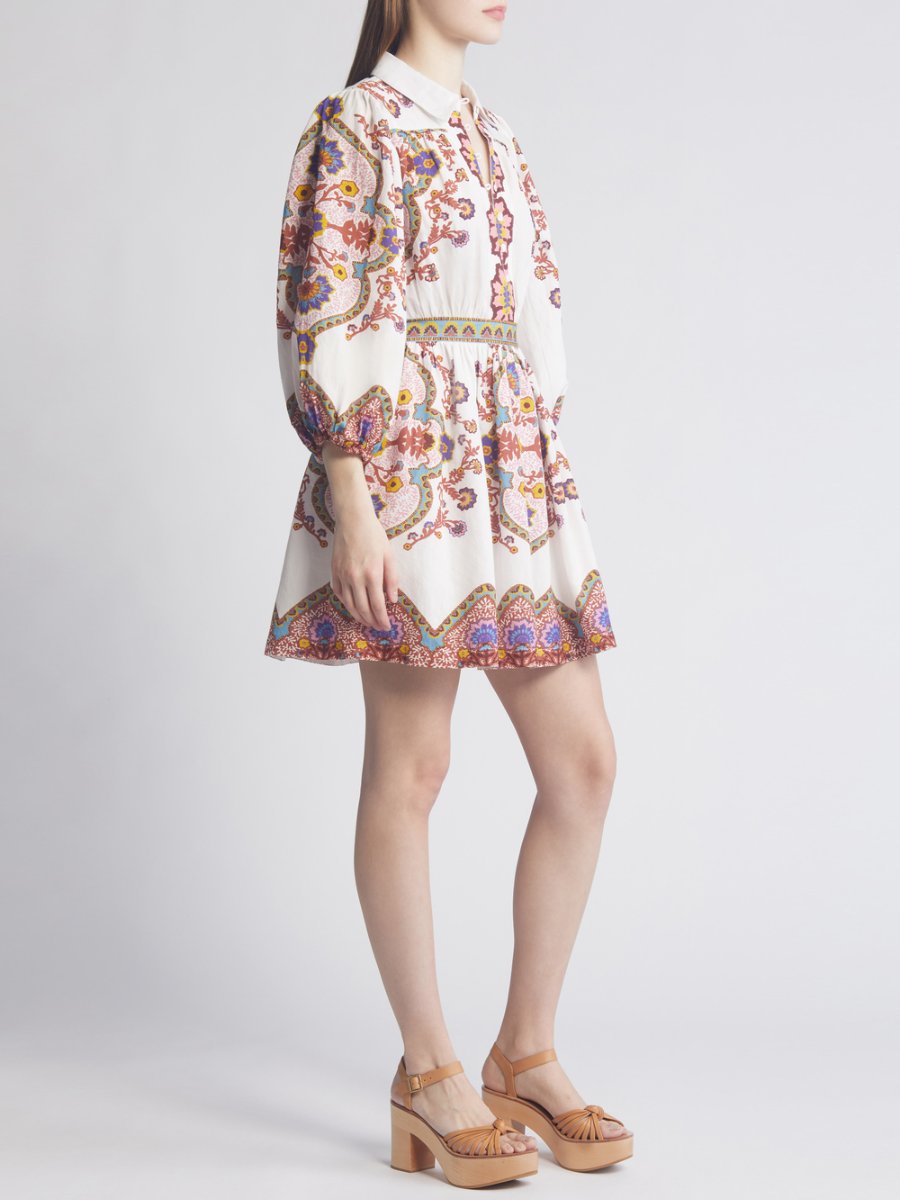 Print Long Sleeve Cotton Inen Mini Dress