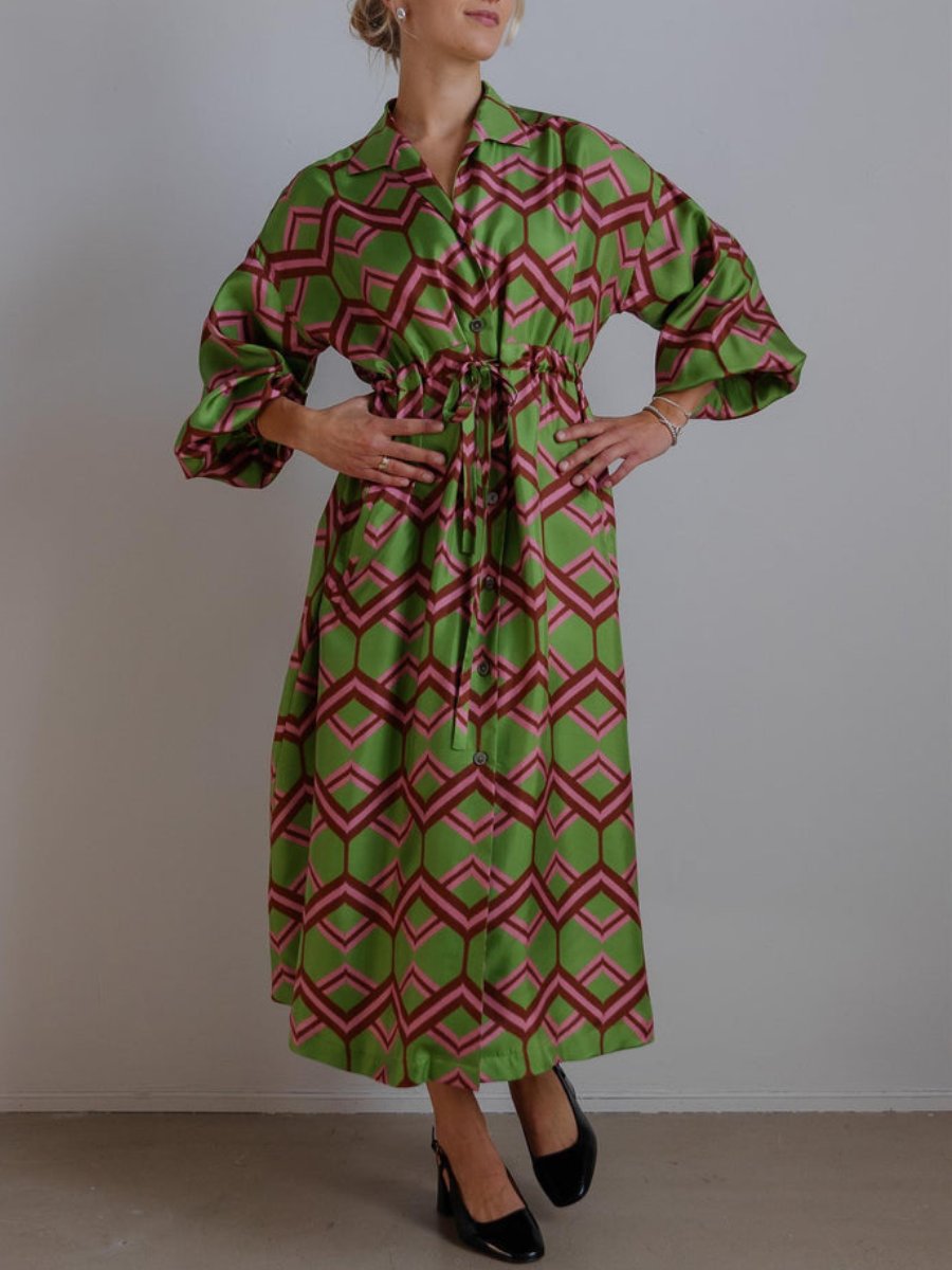 Vintage Geometric Pattern Silk Midi Dress