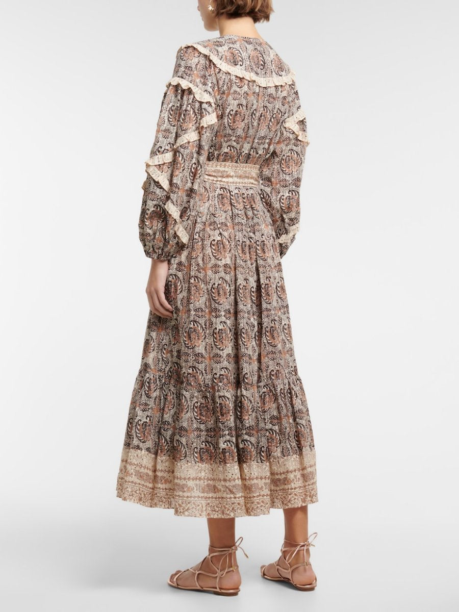 Frill-Trimmed Printed Midi Dress