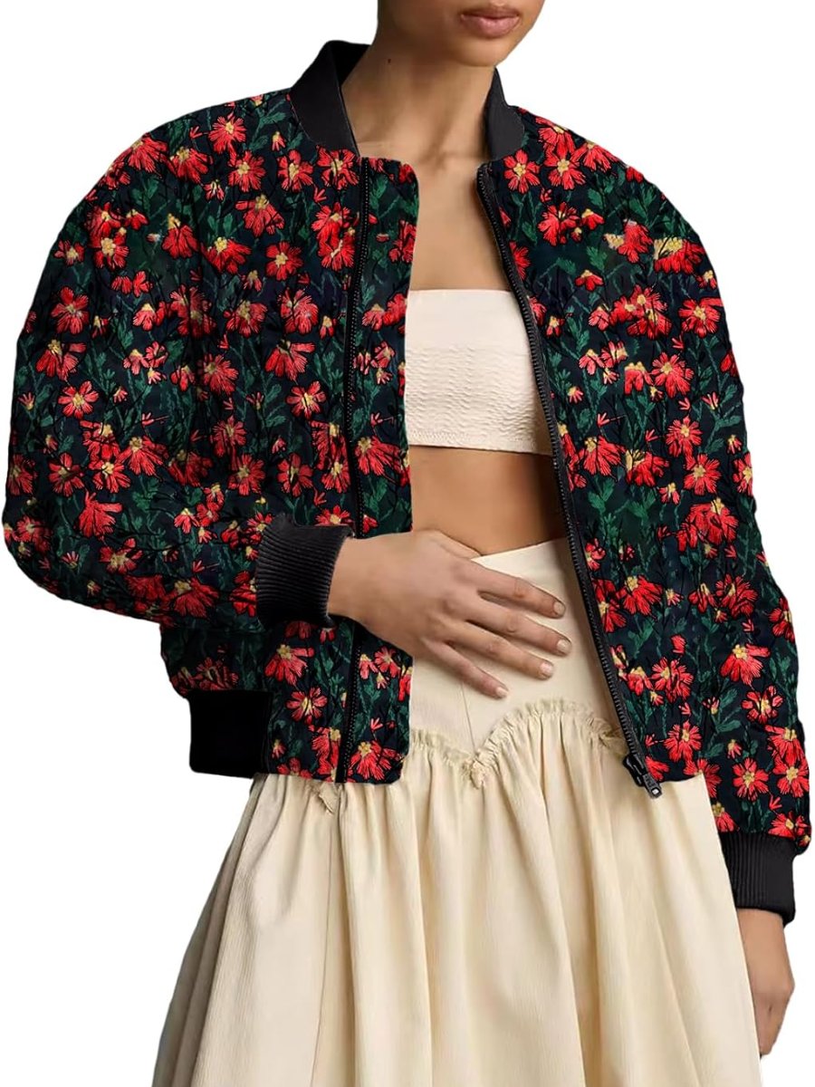 Embroidered Daisy Cropped Bomber Jacket