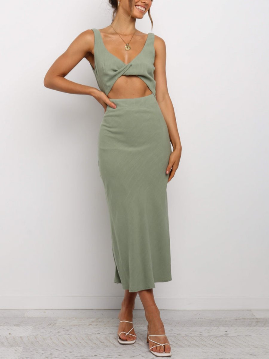 V-Neck Cut Out Olive Midi Dress