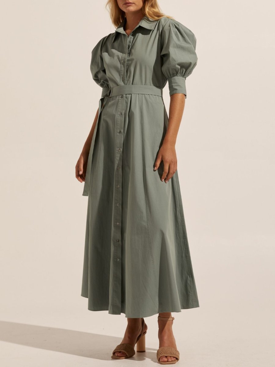 Blouson Sleeve Sage Midi Dress