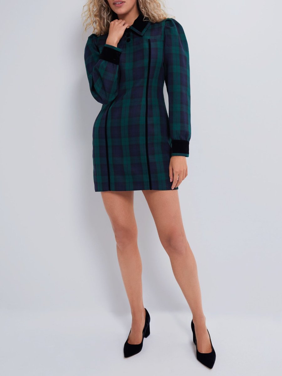 Puff Sleeve Plaid Shirt Mini Dress