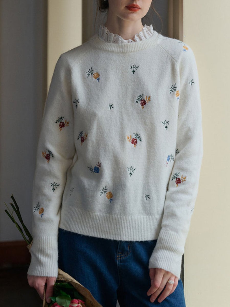 Floral Embroidery Raglan Sleeve Sweater