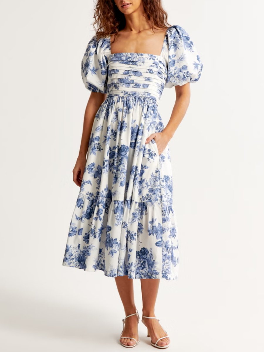 Blue Floral Puff Sleeve Midi Dress