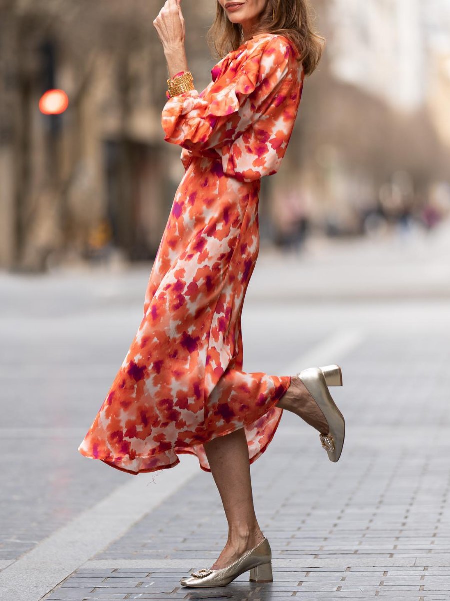 Red Floral Printed Tie Neck Midi Dress