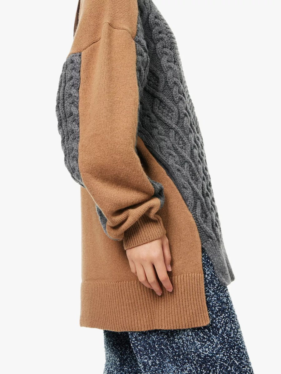 Patchwork Slit Hem Turtleneck Sweater