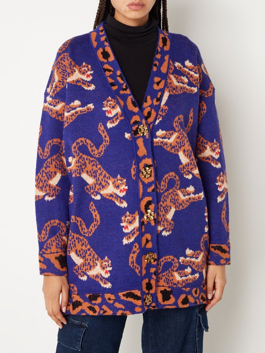 Navy Blue Leopards Knit Cardigan