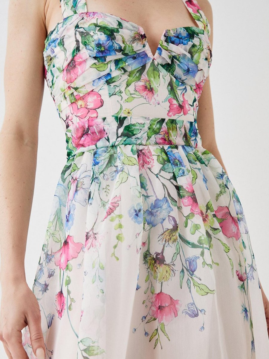 Organza Floral Notch Neck Midi Dress