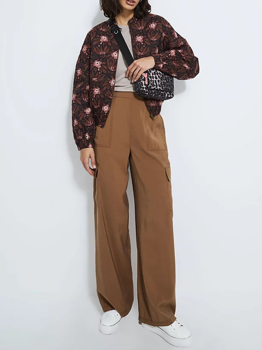 Brown Floral Quilted Cuffed Cropped Jacket