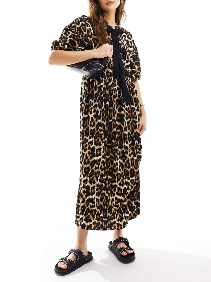 Leopard Print Puff Sleeve Maxi Dress