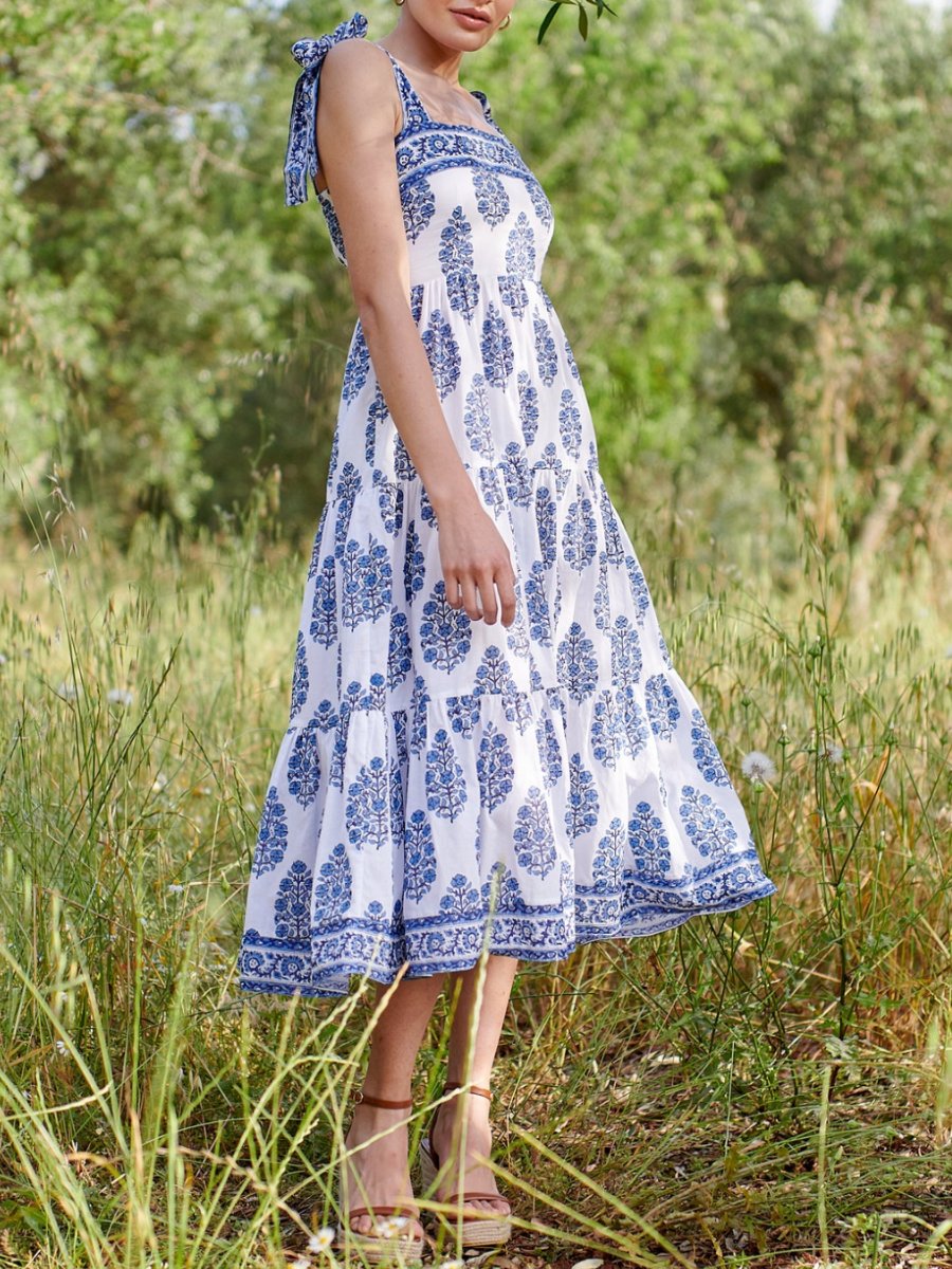 Blue Bow Tied Shoulders Midi Dress