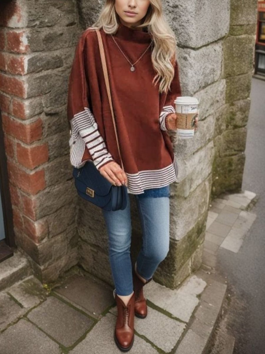 Lie In Caramel Fields Striped Oversize Knit Cape Sweater