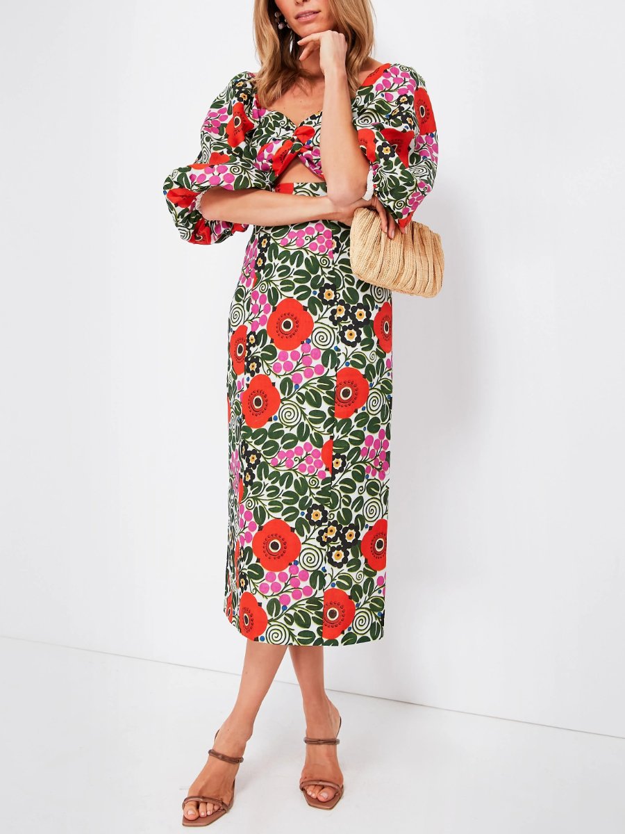 Poppies Balloon Sleeve Midi Dress