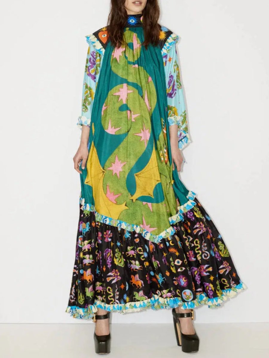 Patchwork Flared Sleeve Maxi Dress