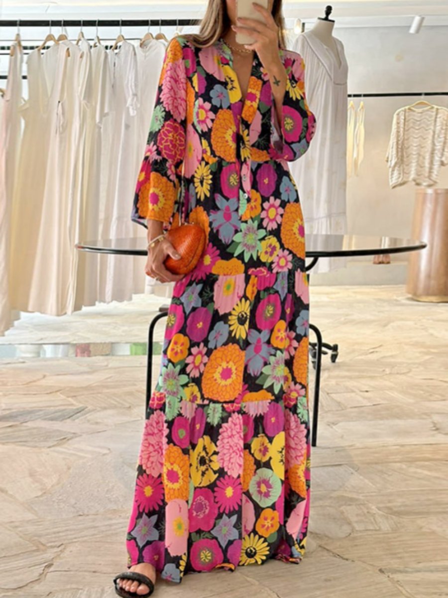 Long Sleeve V-Neck Floral Maxi Dress