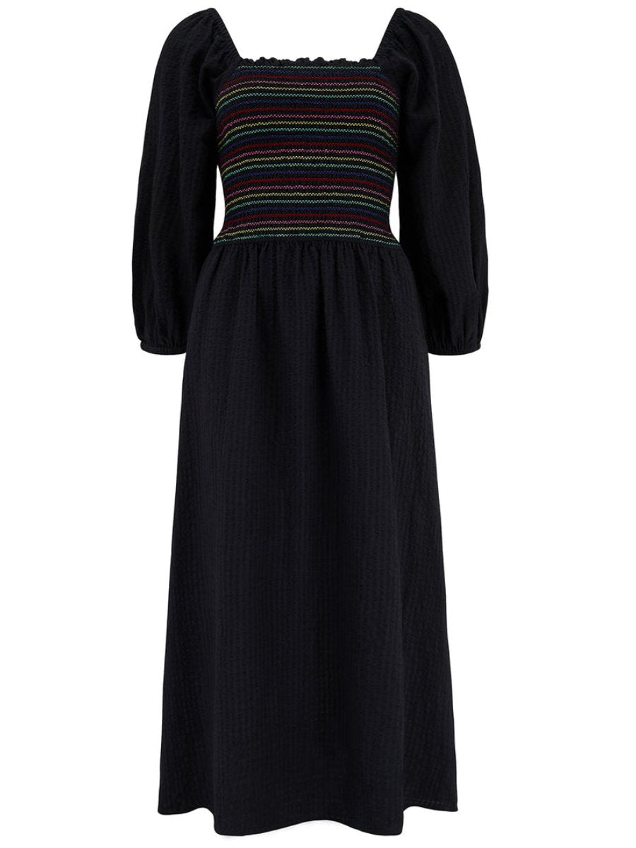 Rainbow Shirring Black Midi Dress