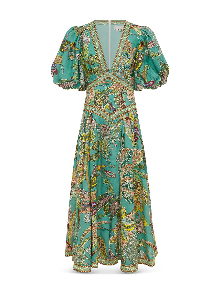 Puff Sleeve Pleated Deep V-neck Printed Maxi Dress