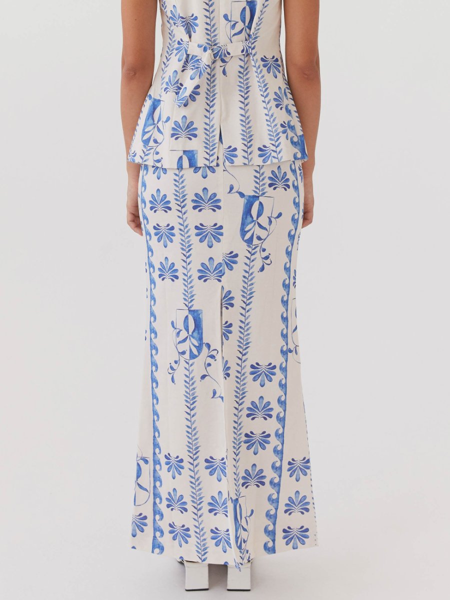 Flower Linen Blue Maxi Dress With Skirt