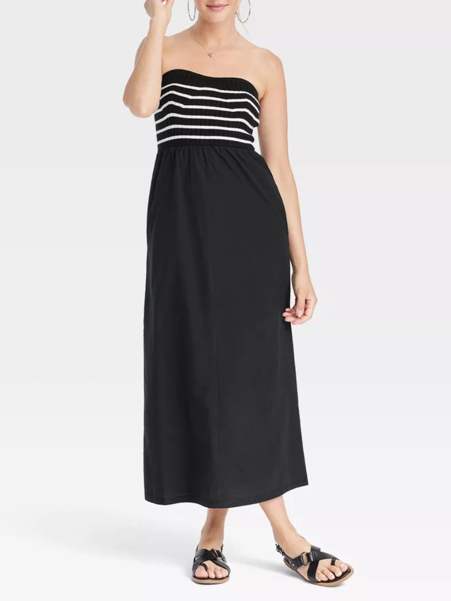 Black Striped Strapless Midi Dress