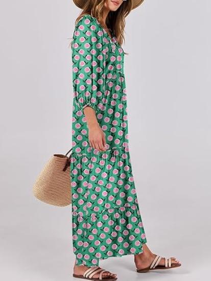 V-Neck Puff Sleeve Floral Swing Maxi Dress